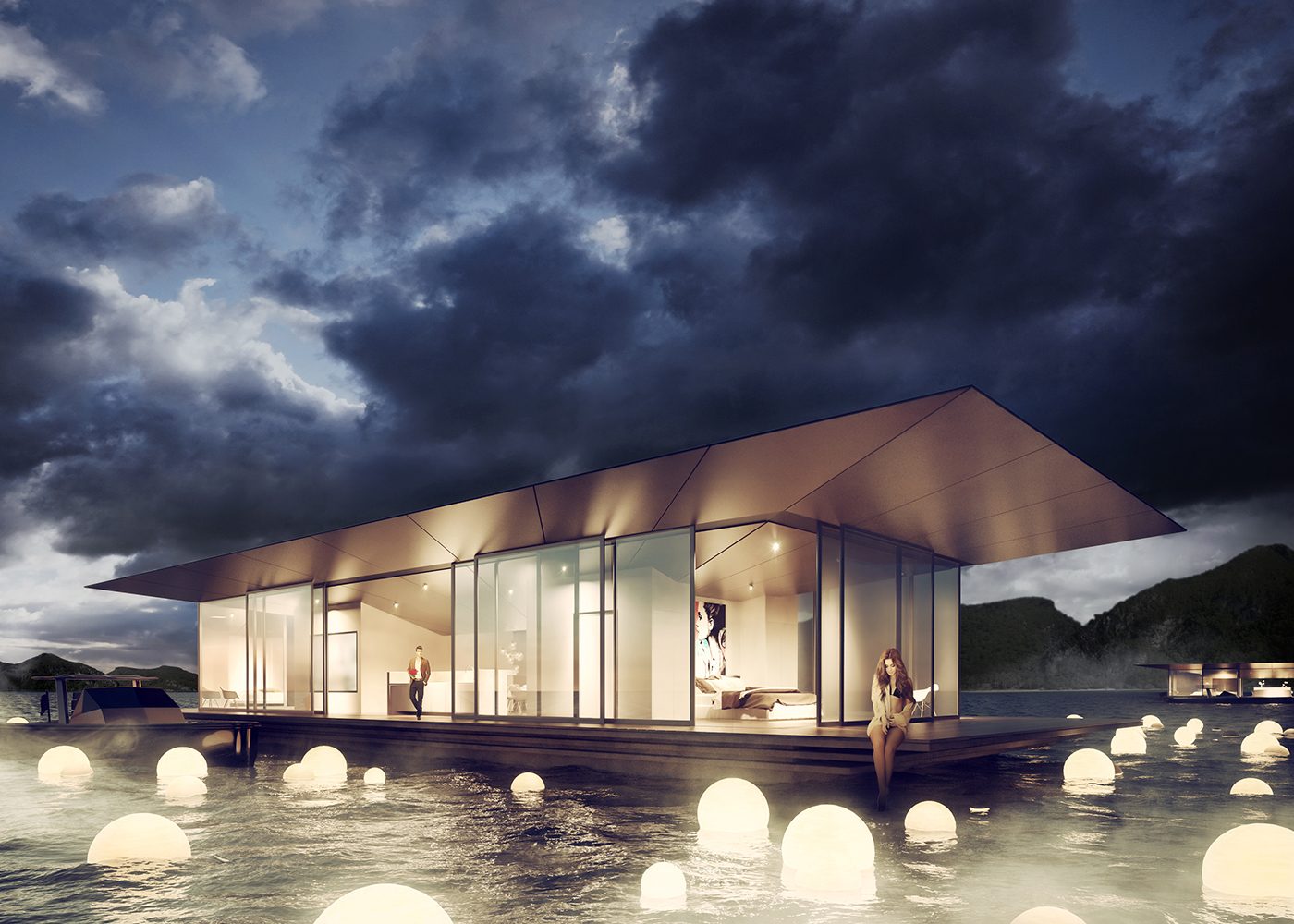 Sky Palace bei Nacht mit Lichtern auf dem Wasser